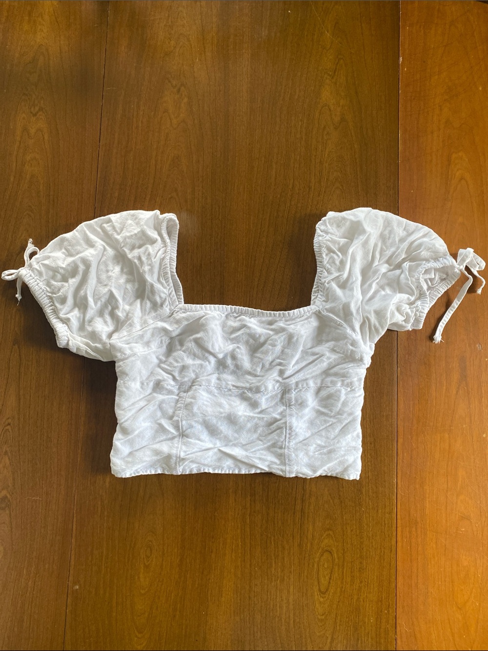 Express White Puff-Sleeve Linen & Cotton Crop Top